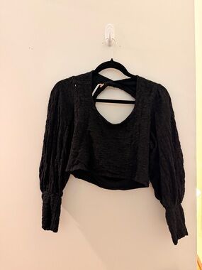 Free People Women's Black Textured Long-Sleeve Crop Top